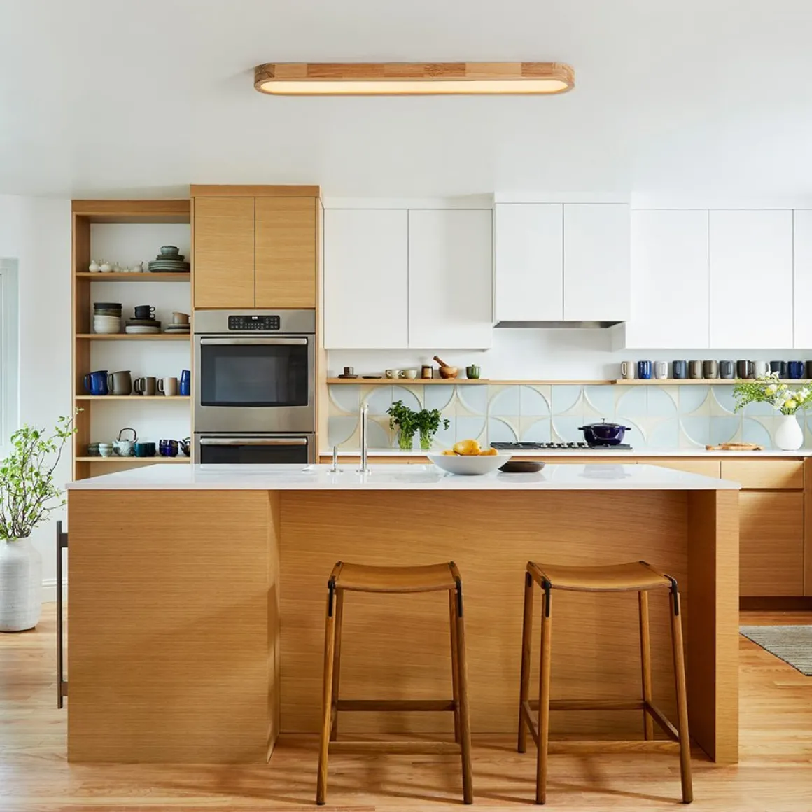 (OpenBox) Natural Wood Long Oval Dimmable LED Flush Mount
