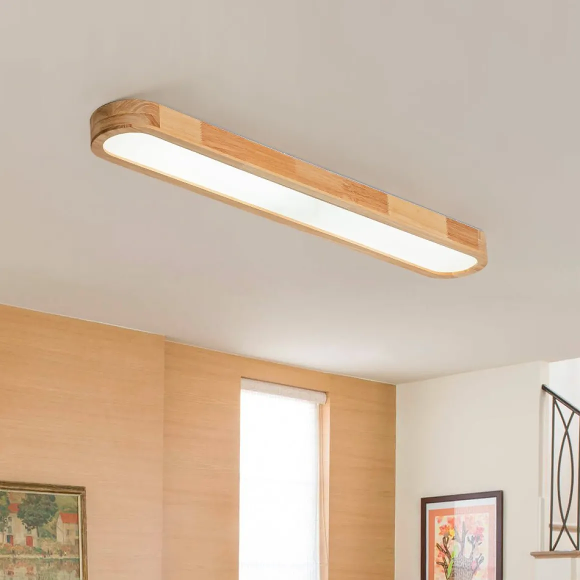 (OpenBox) Natural Wood Long Oval Dimmable LED Flush Mount