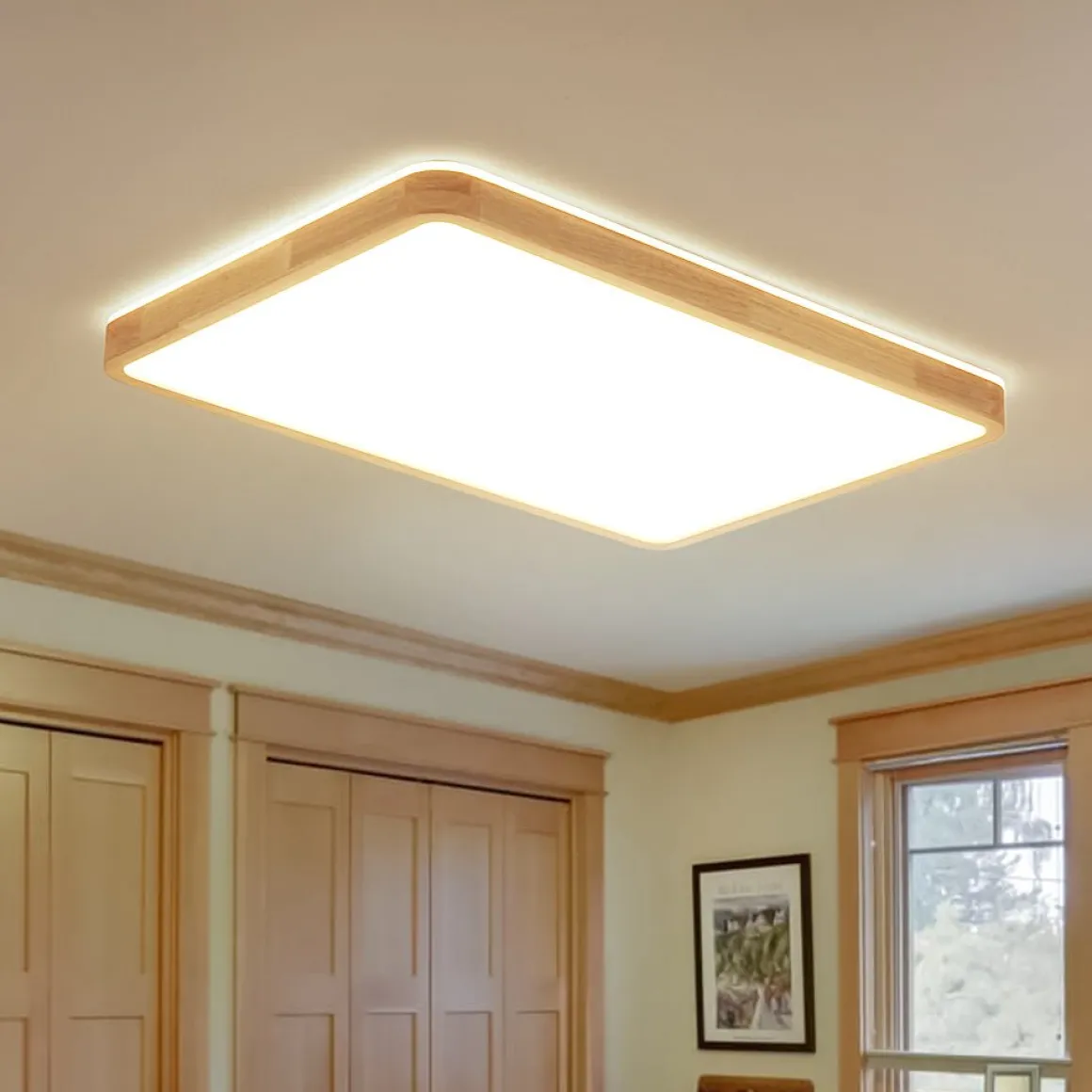 (OpenBox) Rectangle Wood Dimmable LED Flush Mount Light