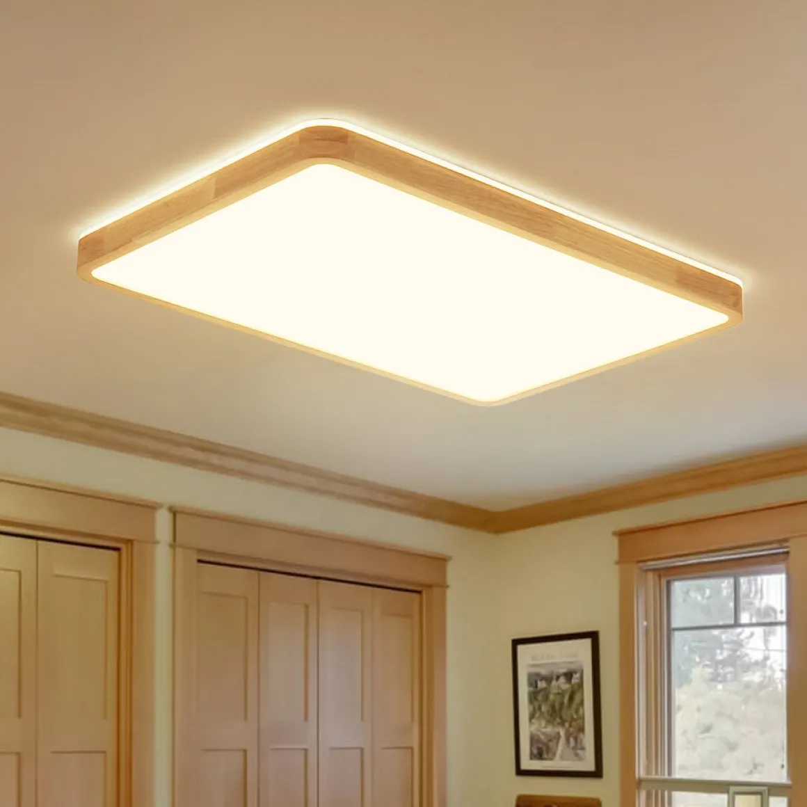 (OpenBox) Rectangle Wood Dimmable LED Flush Mount Light