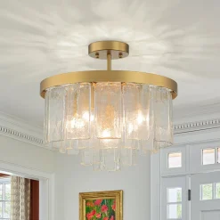 (OpenBox) Tiered Hammered Water Glass Round Semi Flush Mount