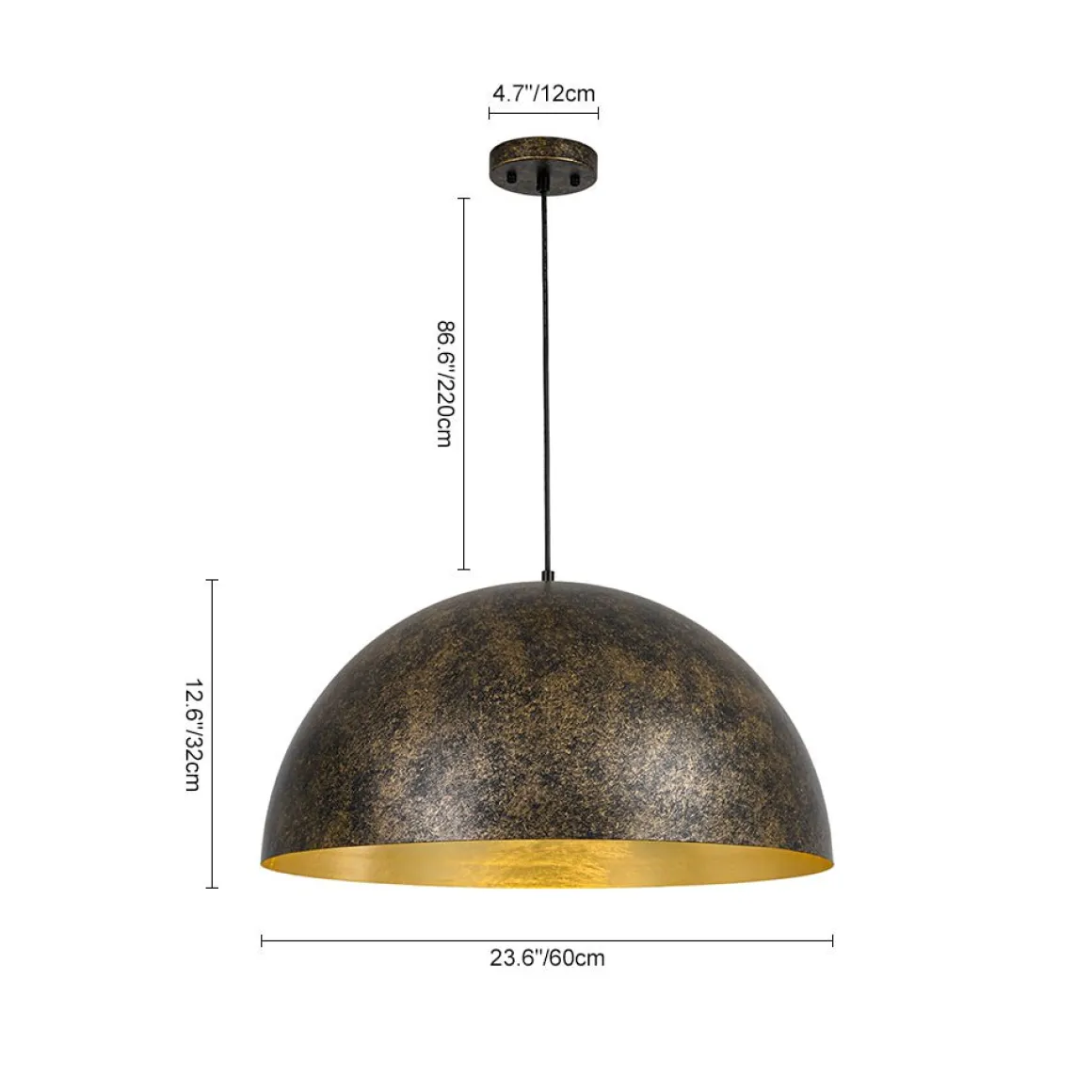 Oversized Antique Dark Rust Iron Dome Pendant Light