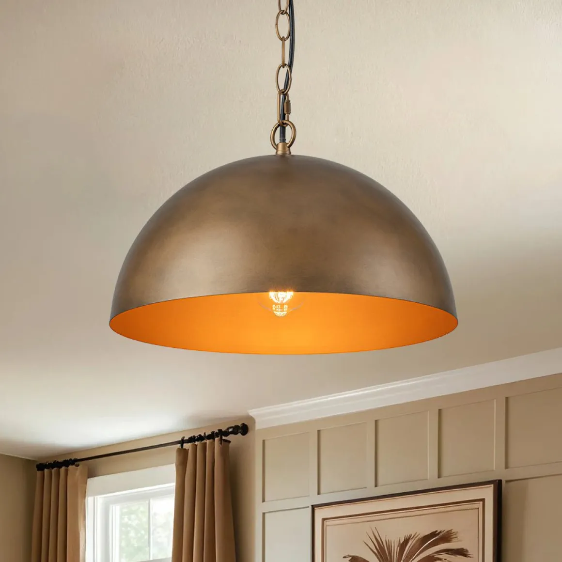 Oversized Vintage Bronze Metal Dome Pendant Light