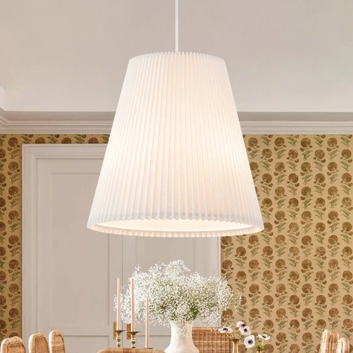 Pleated White Linen Conical Drum Cage Pendant Light