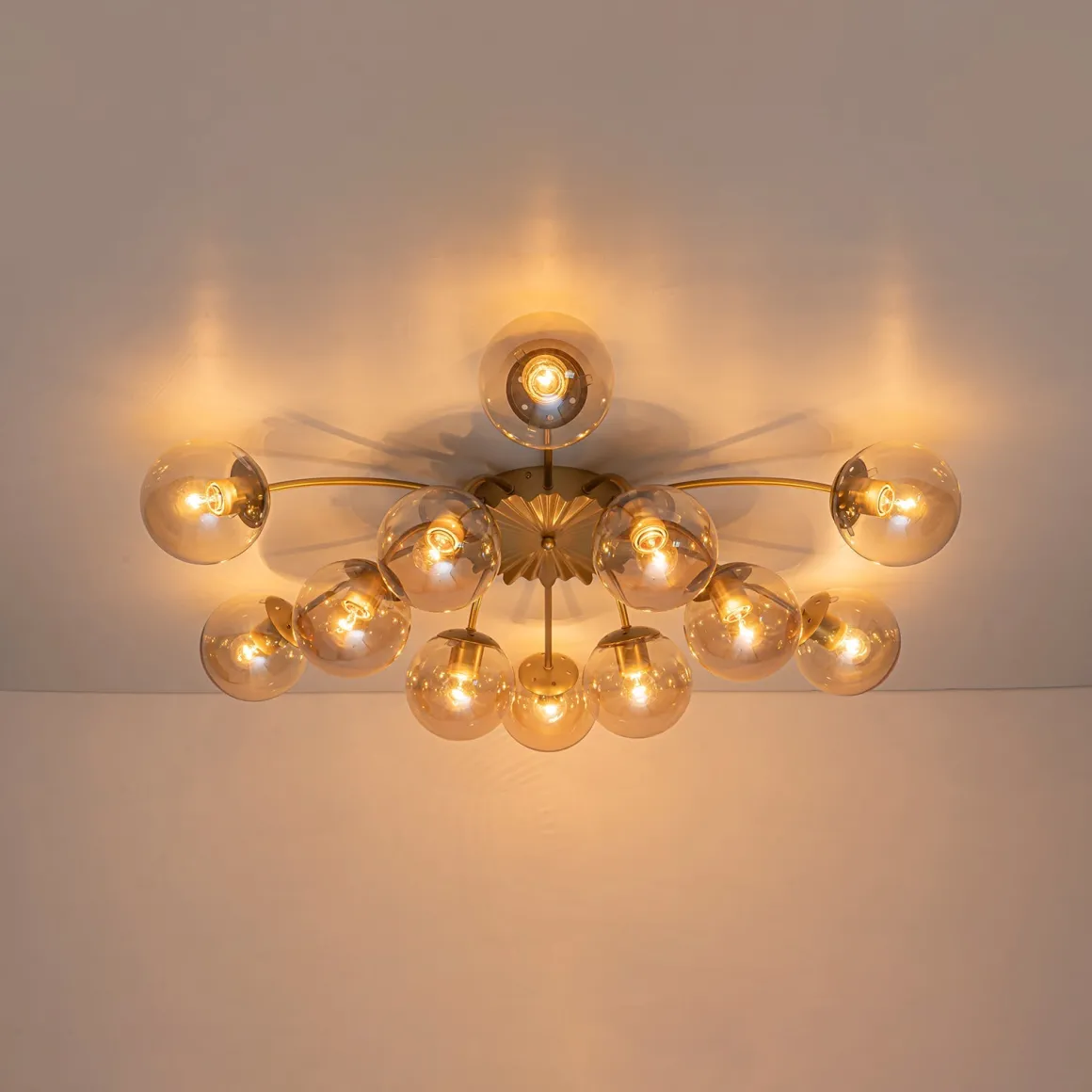 Retro Bloom 12-Light Amber Glass Bubble Semi Flush Chandelier