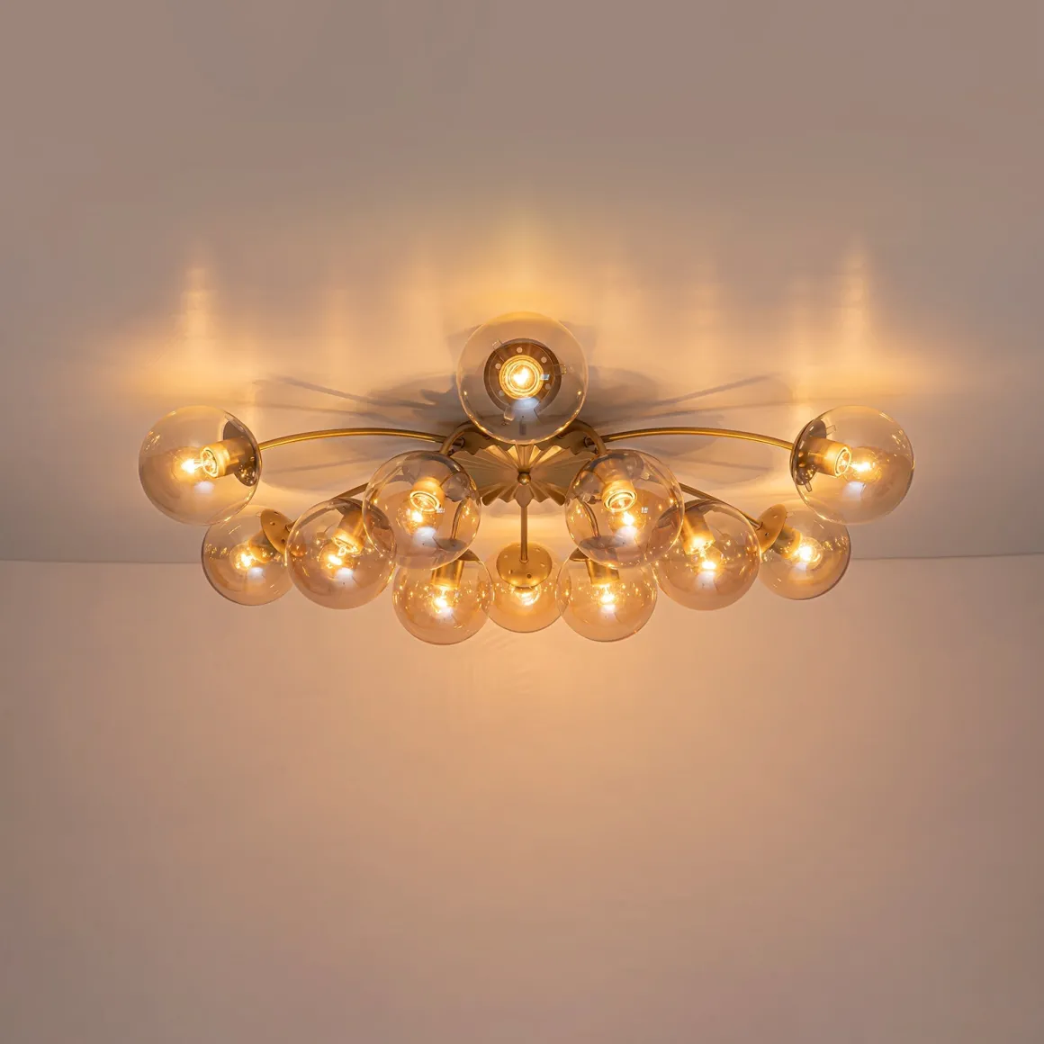 Retro Bloom 12-Light Amber Glass Bubble Semi Flush Chandelier