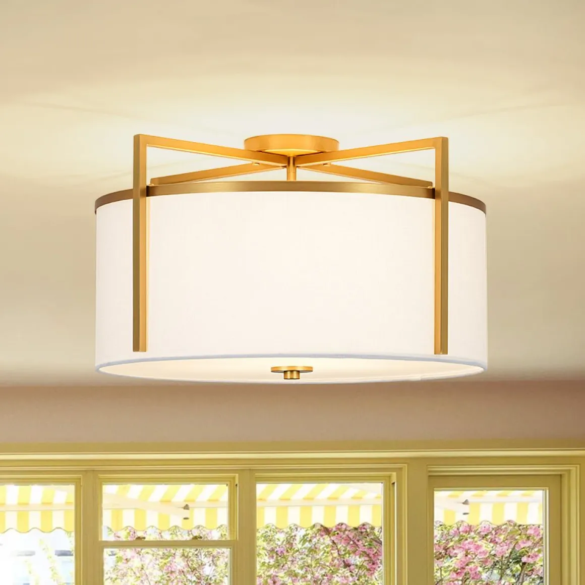 Retro Wide Drum Round Linen Cage Semi Flush Mount