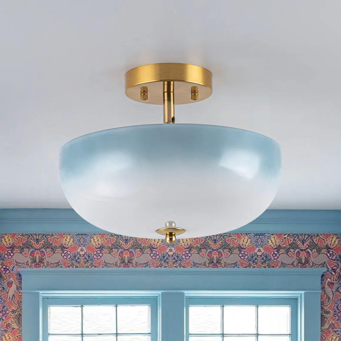 Round Gradient Blue Opal Art Glass Semi Flush Mount
