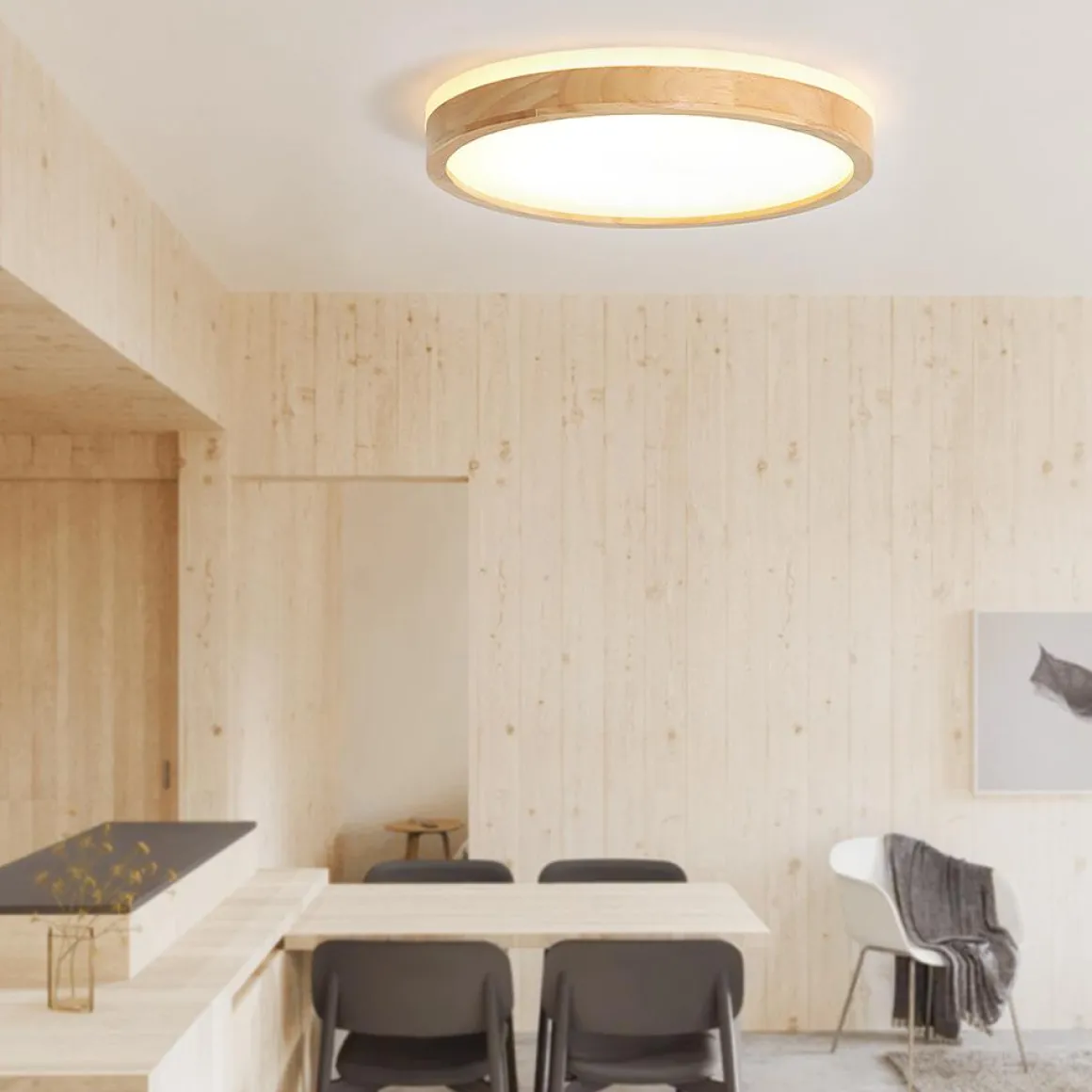 Round LED Wood Flush Mount Light