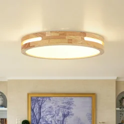 Rustic Dimmable LED Wood Round Flush Mount Light