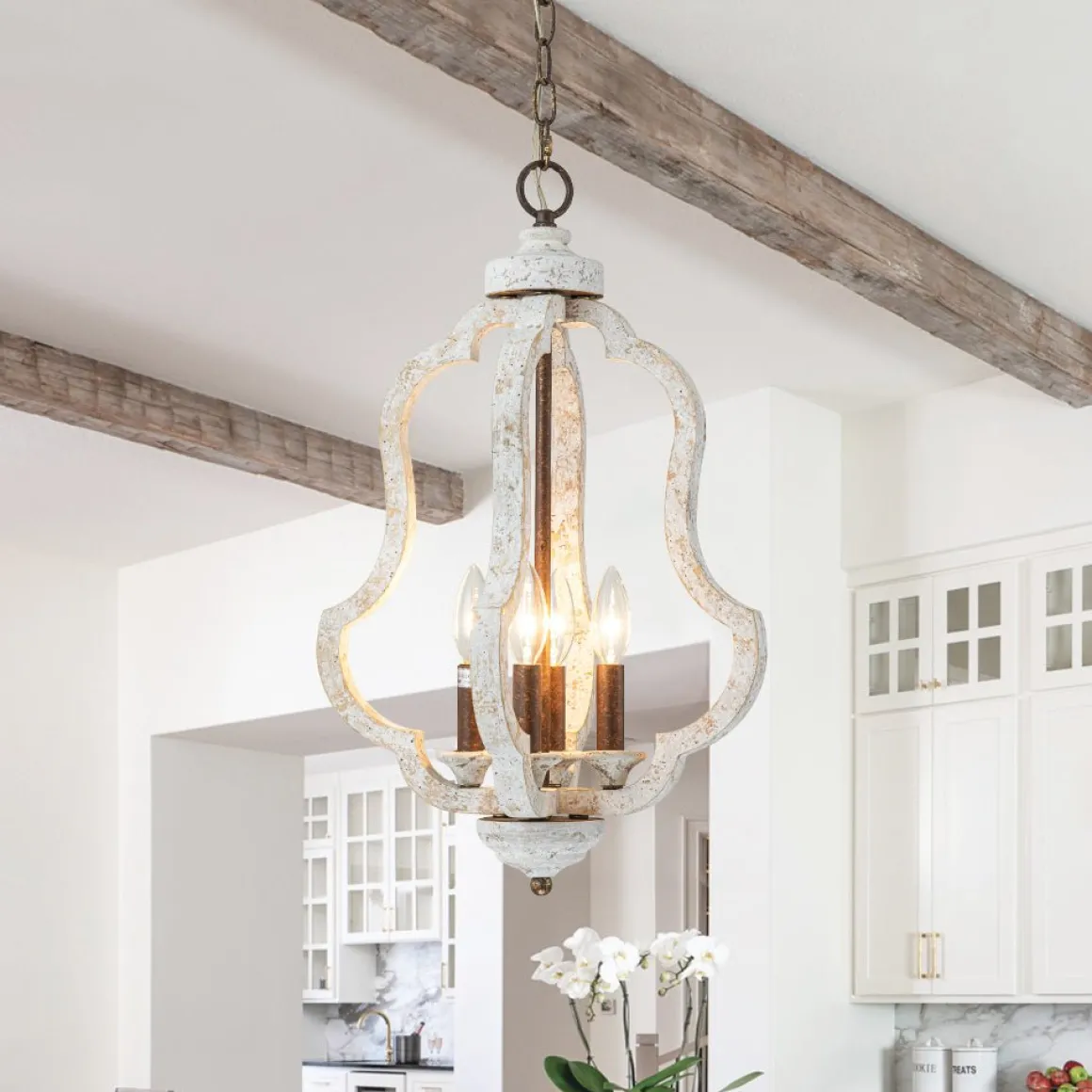 Rustic 4-Light Whitewashed Wood Cage Pendant Light