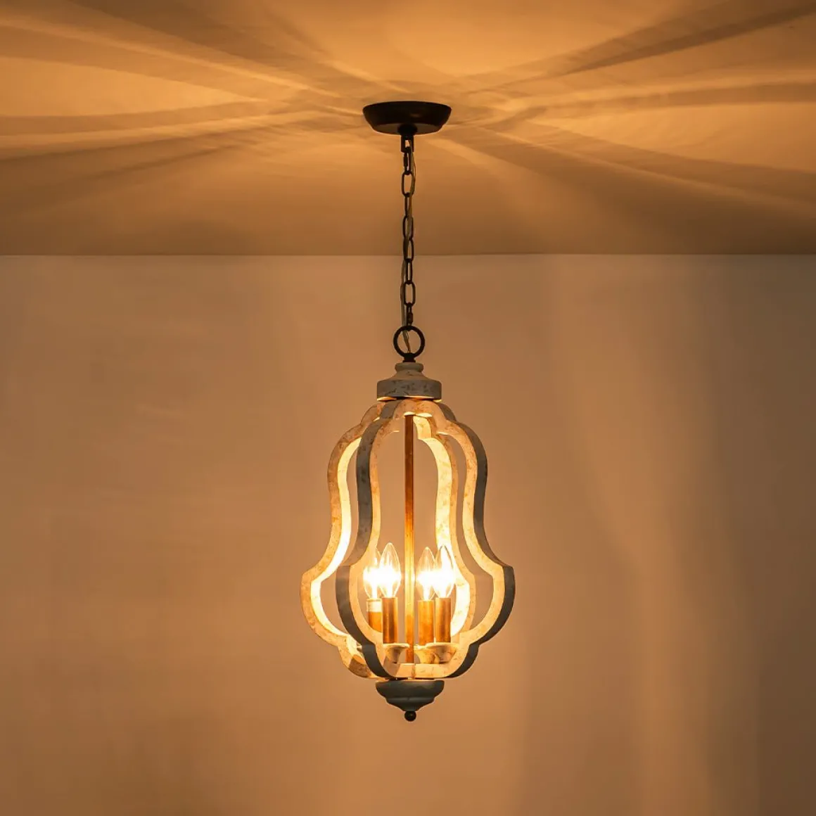 Rustic 4-Light Whitewashed Wood Cage Pendant Light