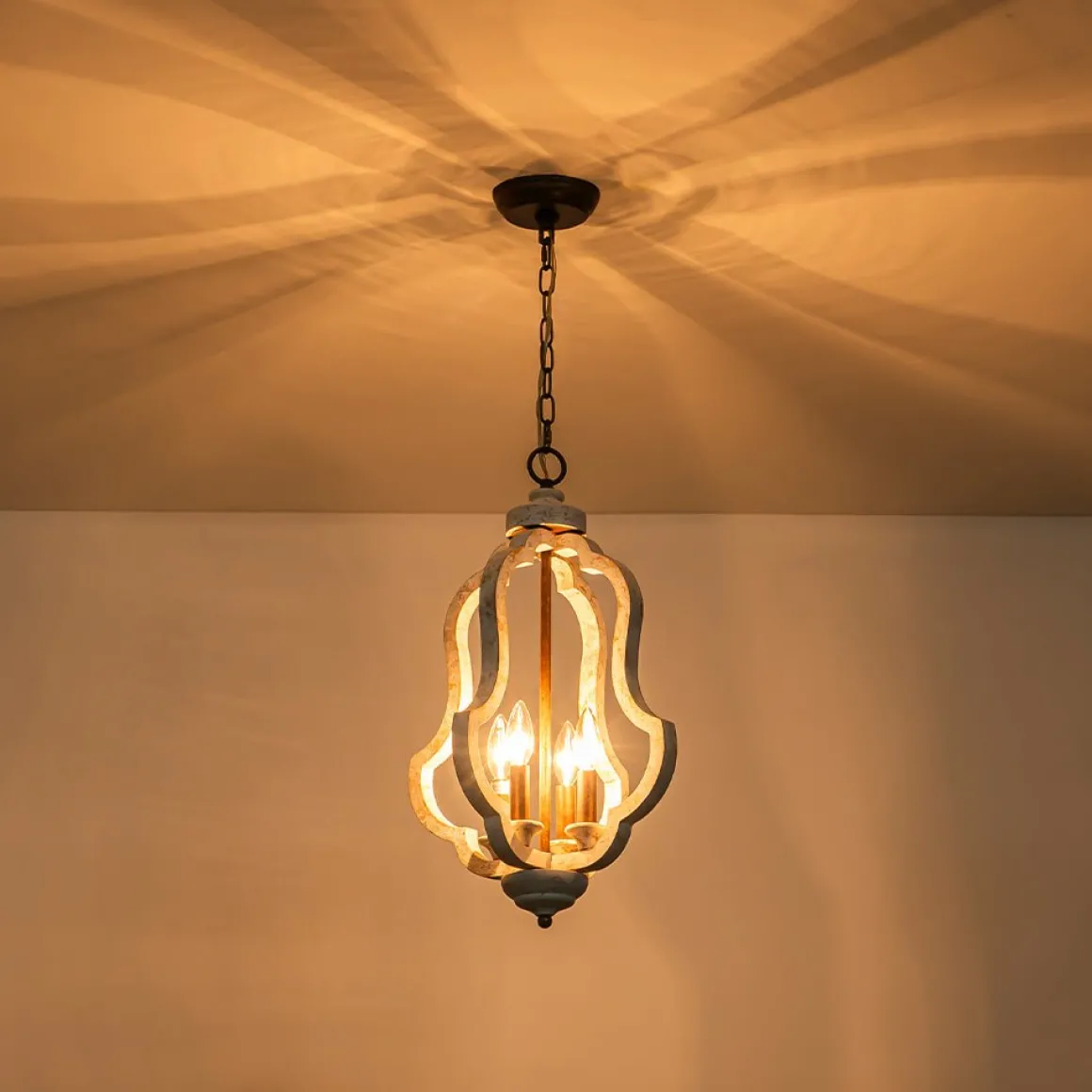 Rustic 4-Light Whitewashed Wood Cage Pendant Light
