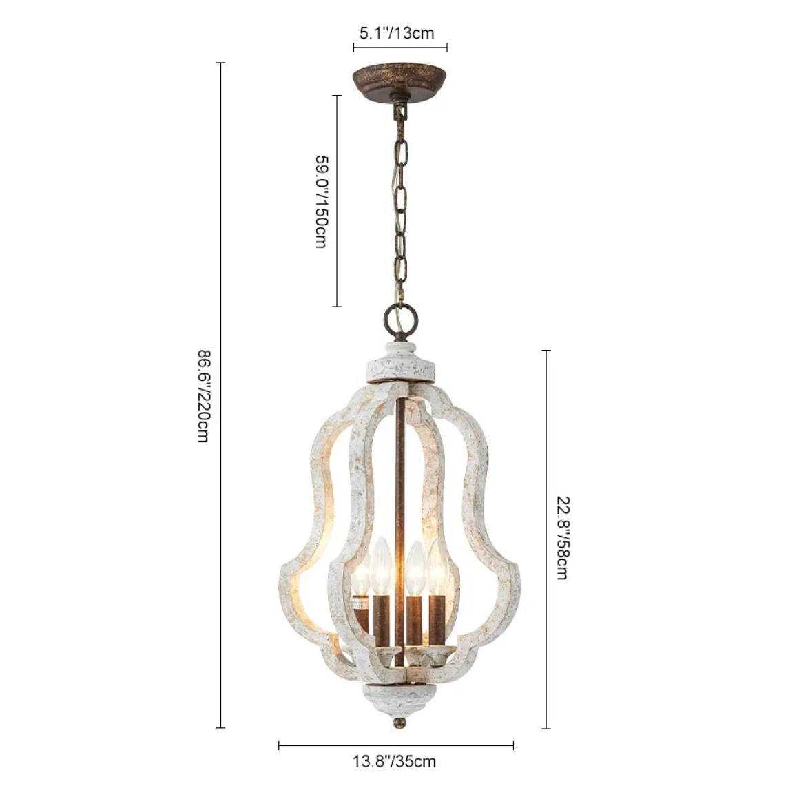 Rustic 4-Light Whitewashed Wood Cage Pendant Light