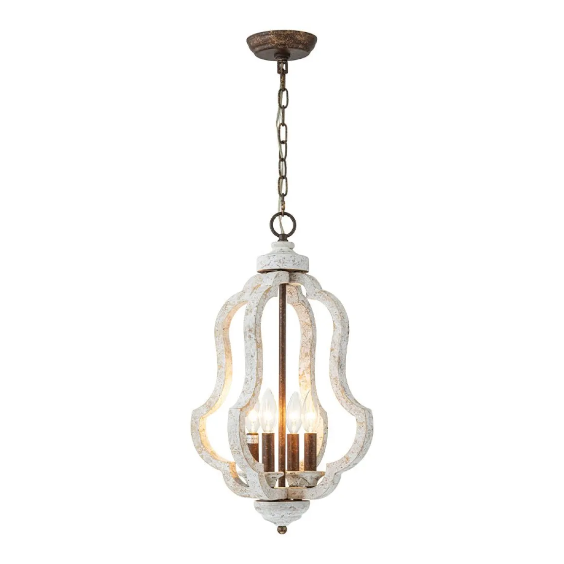 Rustic 4-Light Whitewashed Wood Cage Pendant Light