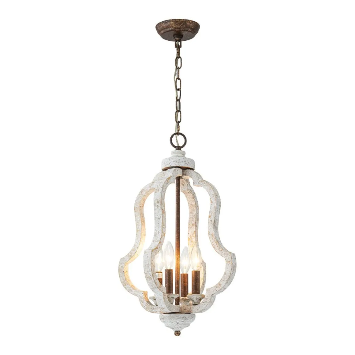 Rustic 4-Light Whitewashed Wood Cage Pendant Light