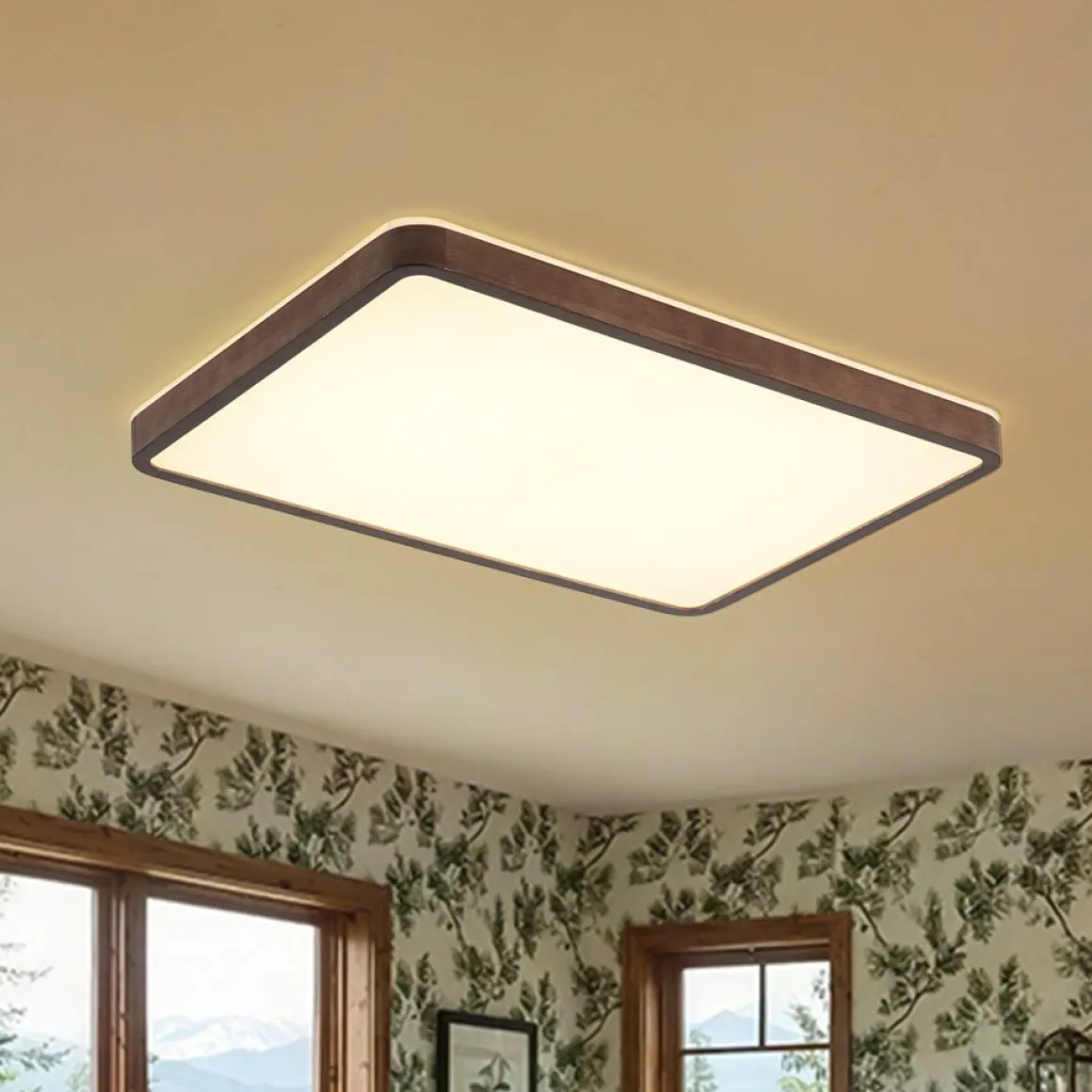 Rustic Rectangle Walnut Wooden Dimmable LED Flush Mount