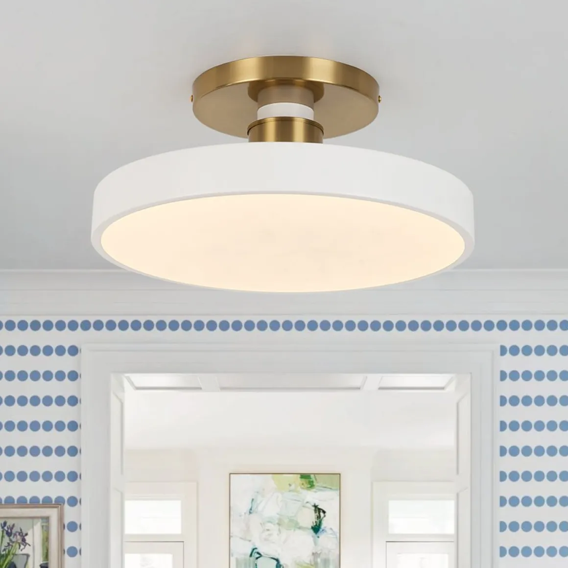 Scandinavian Brass White Round Dimmable LED Semi Flush Light