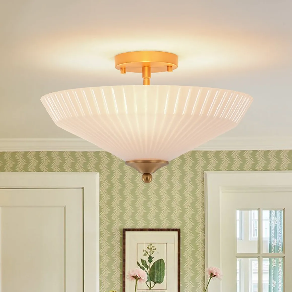 Sculptural Shine Opal Glass Pleated Cone Semi Flush Mount