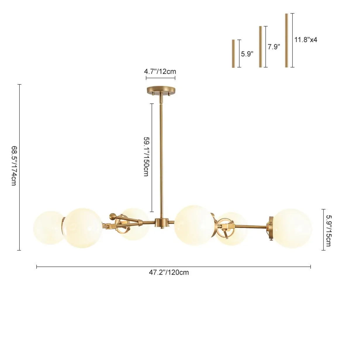 Shine Opal Glass Globe Linear Branch Island Chandelier