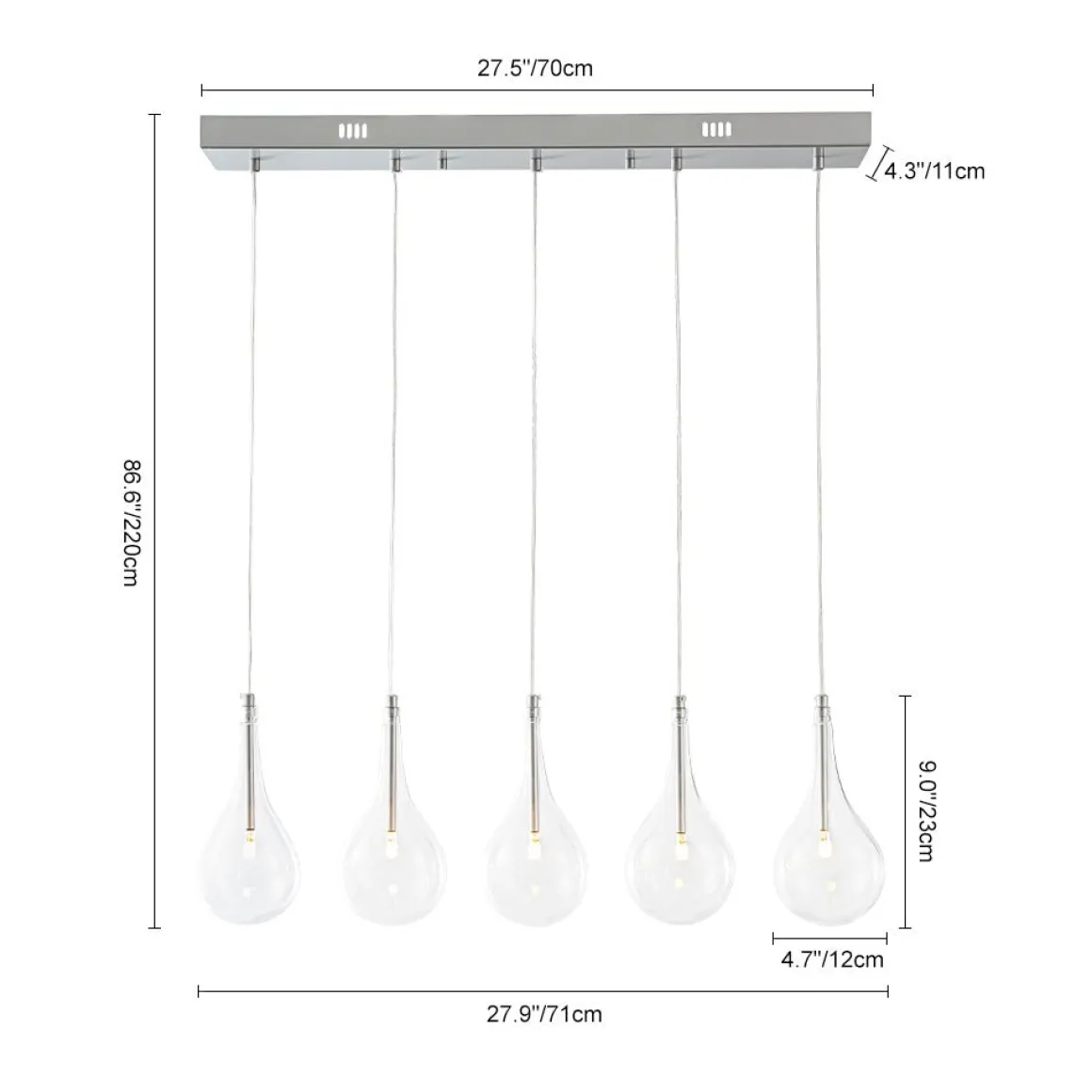 Silver 5-Light Clear Glass Teardrop Linear Island Pendant