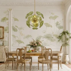 Summer Art Deco Bloom Green Lotus Leaf Sunburst Chandelier