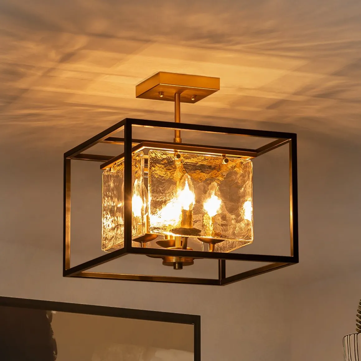 Textured Glass Candle Style Square Lantern Ceiling Light