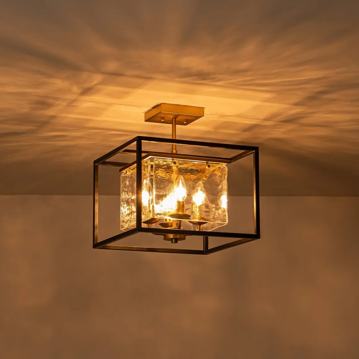 Textured Glass Candle Style Square Lantern Ceiling Light