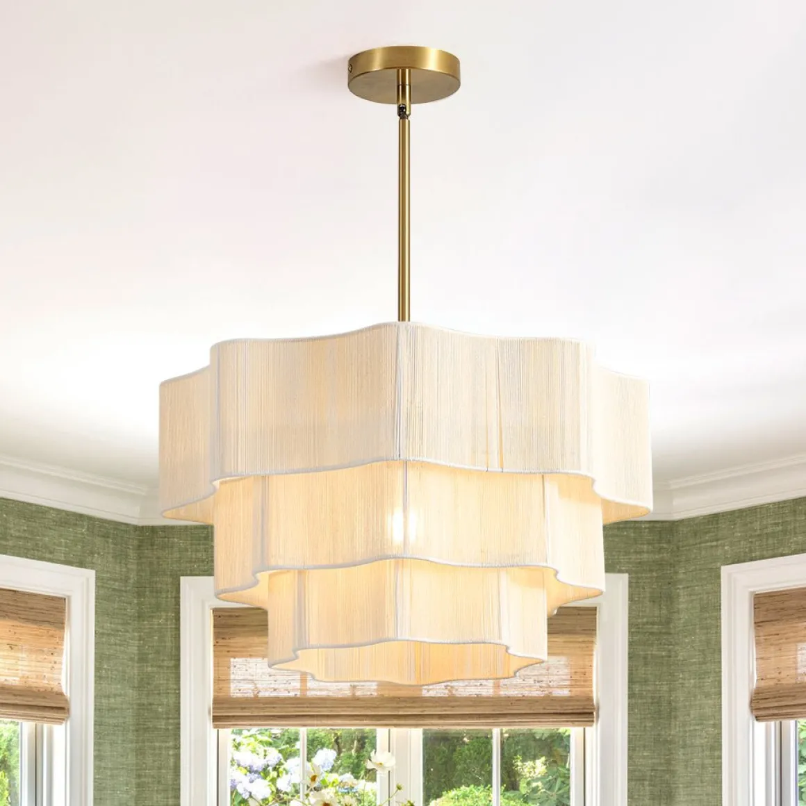 3-Tier Beige Woven Thread Round Cage Pendant Light