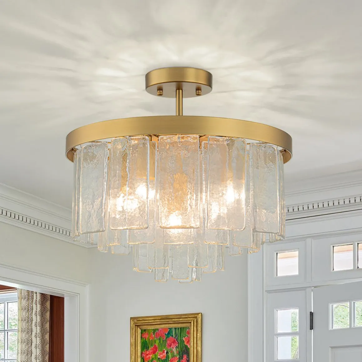 Tiered Hammered Water Glass Round Semi Flush Mount