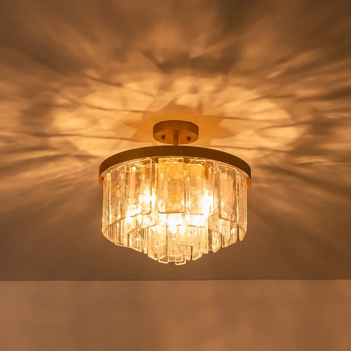 Tiered Hammered Water Glass Round Semi Flush Mount