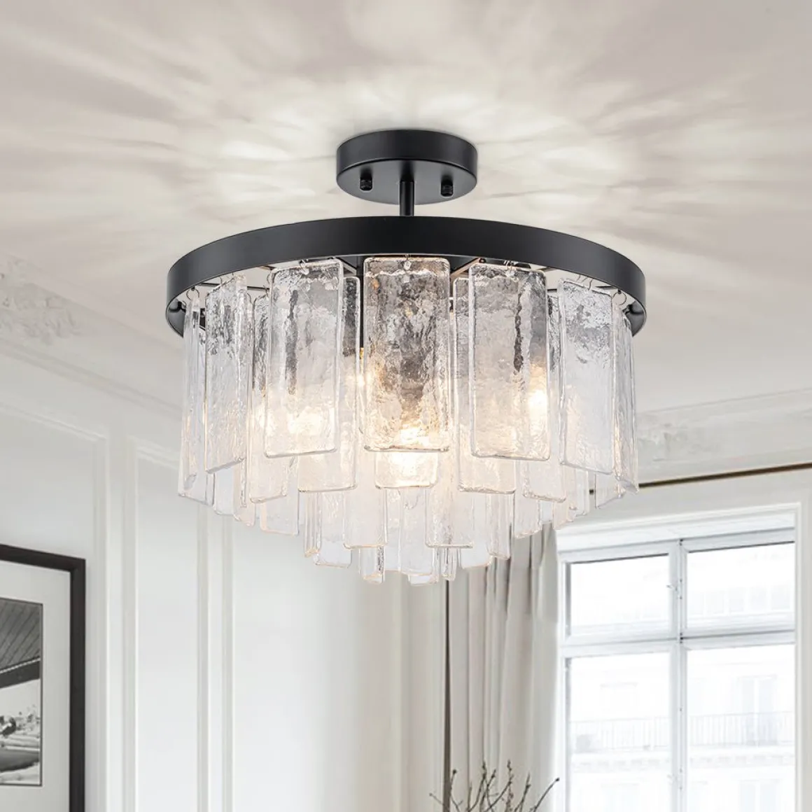 Tiered Hammered Water Glass Round Semi Flush Mount