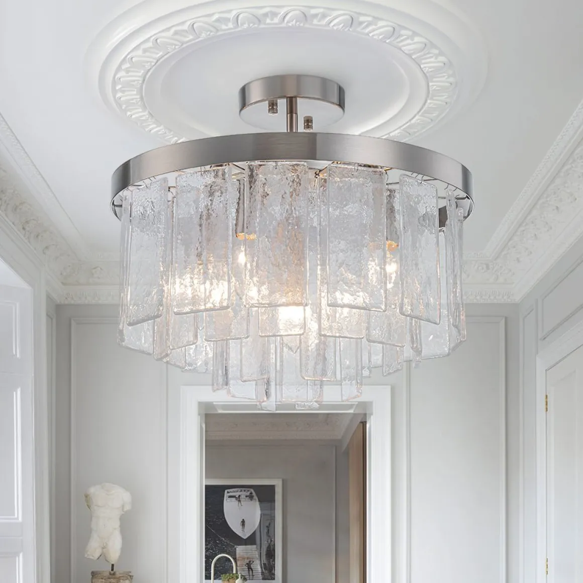 Tiered Hammered Water Glass Round Semi Flush Mount