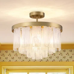 Tiered Opal Swirl Glass Round Semi Flush Mount Chandelier