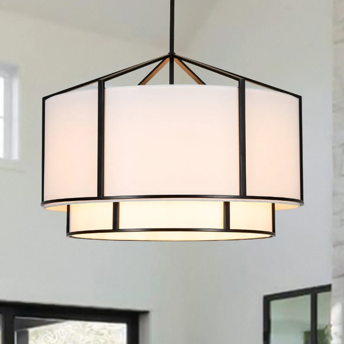2-Tier Large White Fabric Drum Cage Chandelier
