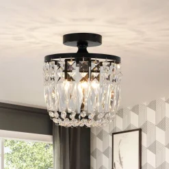 Vintage Black Draped Crystal Round Semi Flush Mount