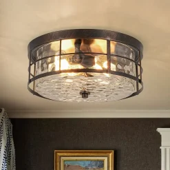 Vintage 2-Light Hammered Glass Round Drum Flush Mount
