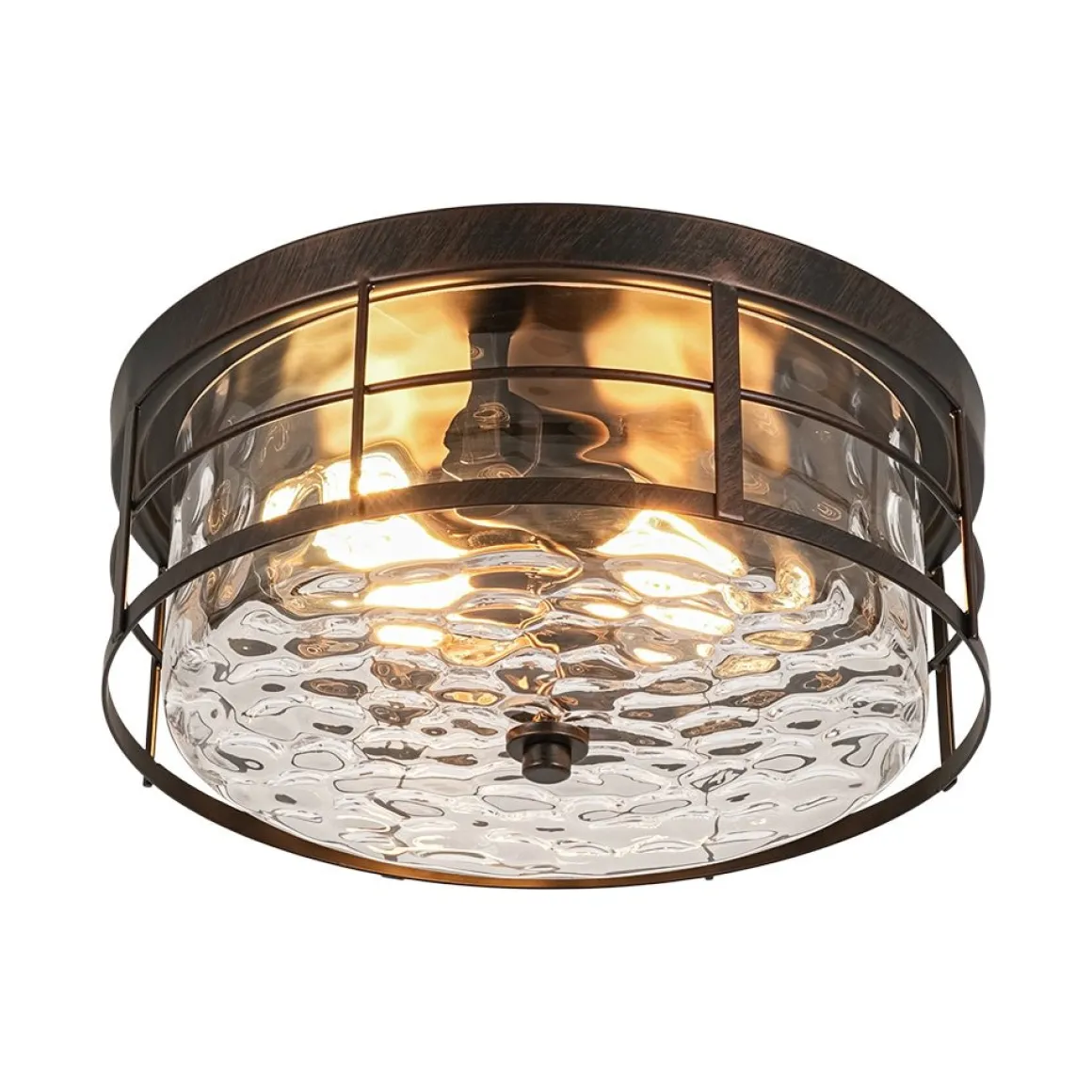 Vintage 2-Light Hammered Glass Round Drum Flush Mount