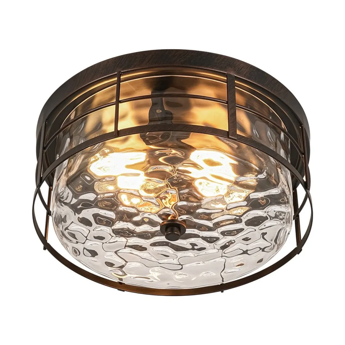 Vintage 2-Light Hammered Glass Round Drum Flush Mount