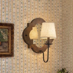 Vintage 1-Light Wood Mirror Linen Tapered Shade Wall Sconce
