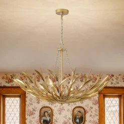 Vintage Luxe Gold Bloom Leaf Branch Oversized Basket Chandelier